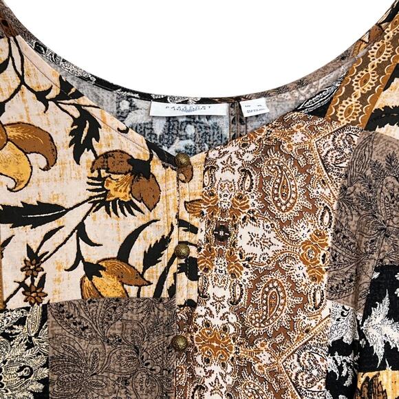 Passport by Susan Graver Womens Blouse XL Brown Gold Patchwork Ruched Sleeves - Picture 2 of 6